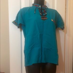 Vibrant Teal Short Sleeve Top with Multicolor Trim
